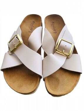 Bio-Gold Leather Cork Footbed Sandals Blush Gold Buckle Slides Italy Size 8 NWOB